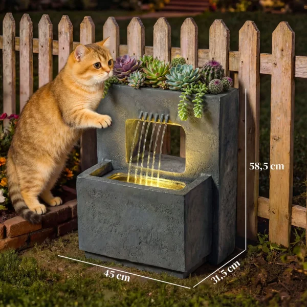Tweelaagse Tuinfontein Met LED verlichting, Plantenbak, Pomp, Steenlook, Verstelbaar 45 X 31,5 X 58,5 Cm