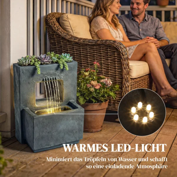 Tweelaagse Tuinfontein Met LED verlichting, Plantenbak, Pomp, Steenlook, Verstelbaar 45 X 31,5 X 58,5 Cm