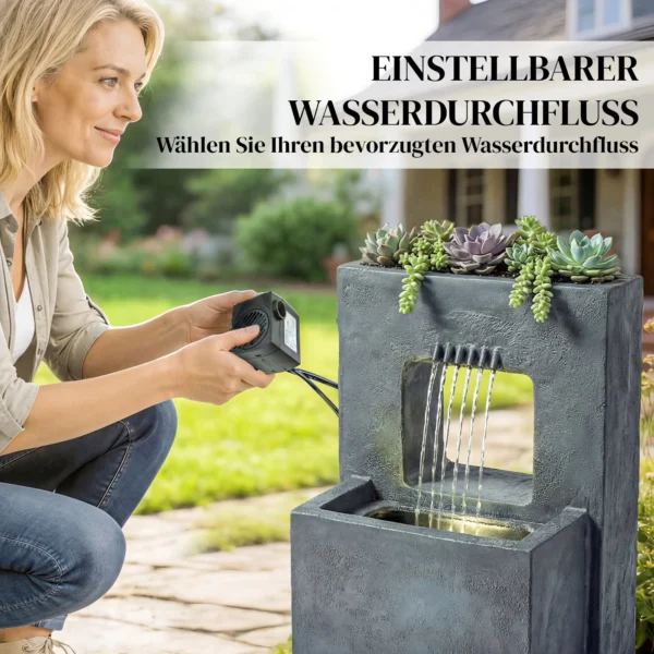 Tweelaagse Tuinfontein Met LED verlichting, Plantenbak, Pomp, Steenlook, Verstelbaar 45 X 31,5 X 58,5 Cm