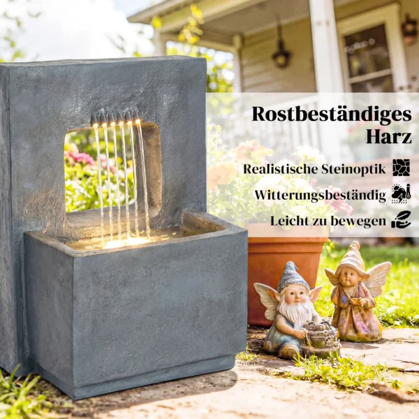 Tweelaagse Tuinfontein Met LED verlichting, Plantenbak, Pomp, Steenlook, Verstelbaar 45 X 31,5 X 58,5 Cm