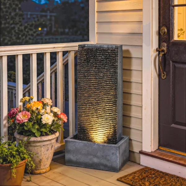 Tweelaagse Tuinfontein Met LED verlichting Pomp Granietlook 37,5 X 22 X 80 Cm