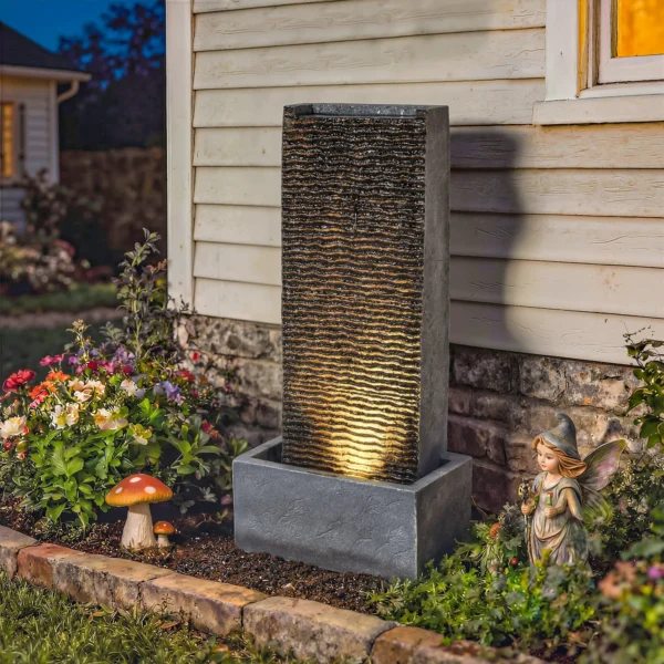 Tweelaagse Tuinfontein Met LED verlichting Pomp Granietlook 37,5 X 22 X 80 Cm