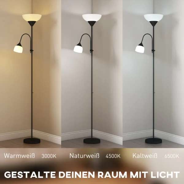Uplighter, Moeder en Kind Staande Lamp, Hoge Lamp Met 3 Kleurtemperaturen En Flexibele Zwanenhals, Zwart