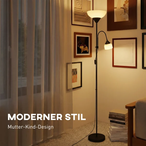Uplighter, Moeder en Kind Staande Lamp, Hoge Lamp Met 3 Kleurtemperaturen En Flexibele Zwanenhals, Zwart