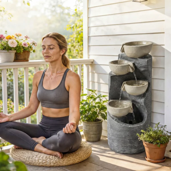 Vijftraps Fontein Voor De Tuin Met LED verlichting, Pomp, Steenlook, Verstelbaar 33 X 31 X 80 Cm