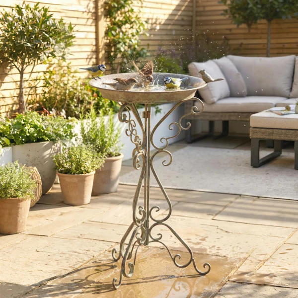 Vogelbad Met Vogelstandbeeld En Decoratieve Voet, Vintage Tuin Vogelbad Schaal Op Voet, Groen