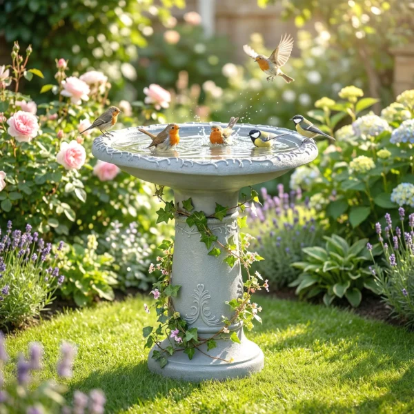 Vogelbad Van Hars Voor Buitengebruik, 51 Cm Rond Vogelbad Met Steenlook, Vrijstaande Vogelvoederdispenser, Grijs