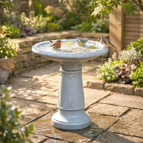 Vogelbad Van Hars Voor Buitengebruik, 51 Cm Rond Vogelbad Met Steenlook, Vrijstaande Vogelvoederdispenser, Grijs