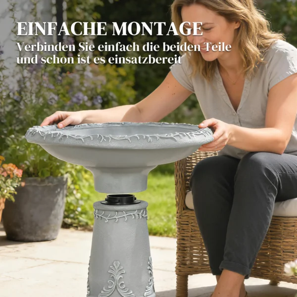 Vogelbad Van Hars Voor Buitengebruik, 51 Cm Rond Vogelbad Met Steenlook, Vrijstaande Vogelvoederdispenser, Grijs