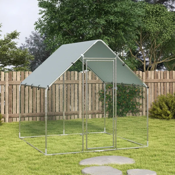 Vrijloopren Verzinkt Staal Kippenhok Met Weerbestendige UV dakbedekking, Afsluitbare Deur 2x2x2 M Zilver