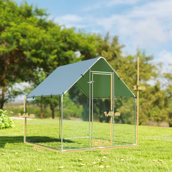 Vrijloopren Verzinkt Staal Kippenhok Met Weerbestendige UV dakbedekking, Afsluitbare Deur 2x2x2 M Zilver