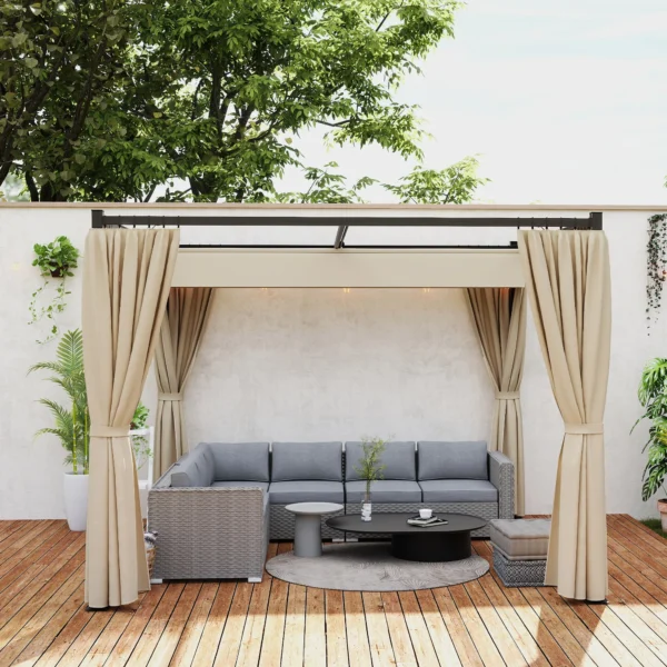 Vrijstaande Pergola 3 X 3 M Terrasoverkapping Met Schuifdak, 4 Zijwanden UV bestendig Beige