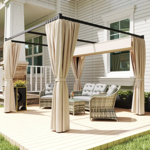 Vrijstaande Pergola 3 X 3 M Terrasoverkapping Met Schuifdak, 4 Zijwanden UV bestendig Beige