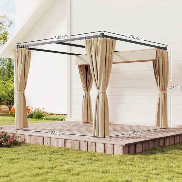 Vrijstaande Pergola 3 X 3 M Terrasoverkapping Met Schuifdak, 4 Zijwanden UV bestendig Beige