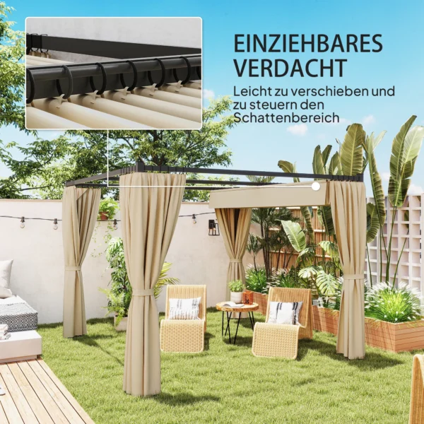 Vrijstaande Pergola 3 X 3 M Terrasoverkapping Met Schuifdak, 4 Zijwanden UV bestendig Beige