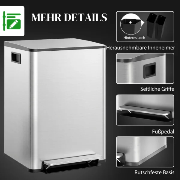 Vuilnisbak Met 2x30L Vakken, Soft Close deksel, Vingerafdrukbestendig, Roestvrij Staal, Zilver