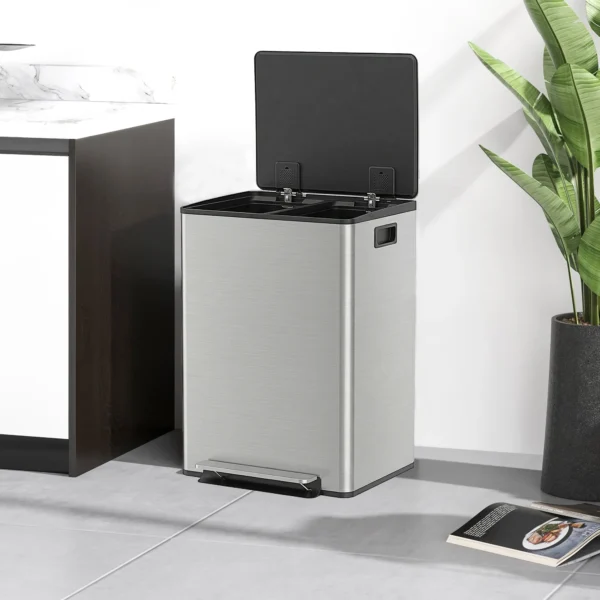 Vuilnisbak Met 2x30L Vakken, Soft Close deksel, Vingerafdrukbestendig, Roestvrij Staal, Zilver