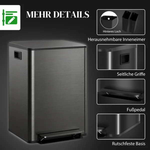 Vuilnisbak Met 2x30L Vakken, Soft Close deksel, Vingerafdrukbestendig, Roestvrij Staal, Zwart