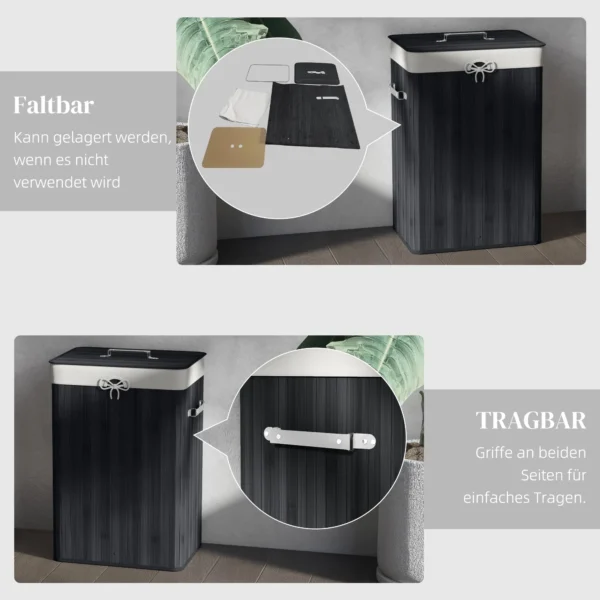 Wasmand, Wasbox, Wasverzamelaar Met Deksel, Zeildoekzak, Bamboe, Opvouwbaar, 72L, Zwart 40 X 30 X 60 Cm