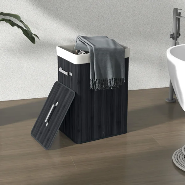 Wasmand, Wasbox, Wasverzamelaar Met Deksel, Zeildoekzak, Bamboe, Opvouwbaar, 72L, Zwart 40 X 30 X 60 Cm