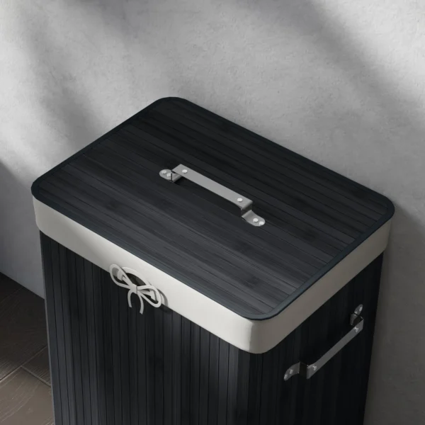 Wasmand, Wasbox, Wasverzamelaar Met Deksel, Zeildoekzak, Bamboe, Opvouwbaar, 72L, Zwart 40 X 30 X 60 Cm