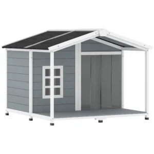 Weerbestendig Verhoogd Hondenhuis Van Hout Met Asfaltdak, Terras, Voor Middelgrote Honden 103x107x83,5cm Grijs