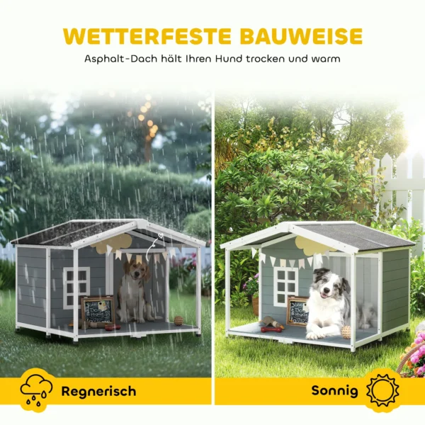 Weerbestendig Verhoogd Hondenhuis Van Hout Met Asfaltdak, Terras, Voor Middelgrote Honden 103x107x83,5cm Grijs