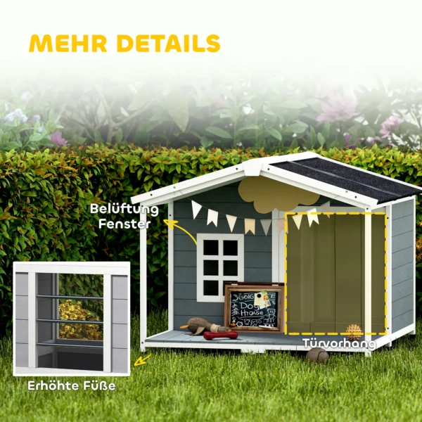 Weerbestendig Verhoogd Hondenhuis Van Hout Met Asfaltdak, Terras, Voor Middelgrote Honden 103x107x83,5cm Grijs