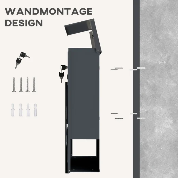 Weerbestendige Wandmontage Brievenbus Met Krantenhouder En 2 Sleutels Voor Buitenmuur, Donkergrijs