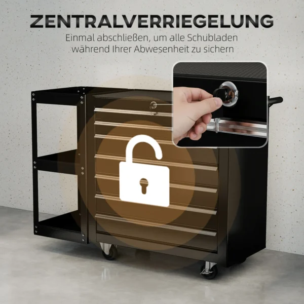 Werkplaatswagen Gereedschapswagen Met 7 Lades Afneembaar Zijrek 4 Wielen Met Parkeerrem, 96x33,5x75cm, Zwart
