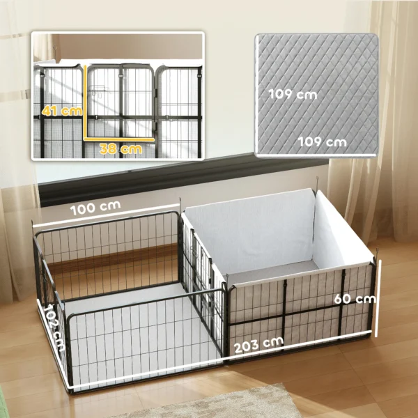 Werpkist Voor Puppy's, Werpdoos Puppyren Met 7 Panelen, 2 Zones, Wasbare Werpmat, 203x102x60cm Zwart