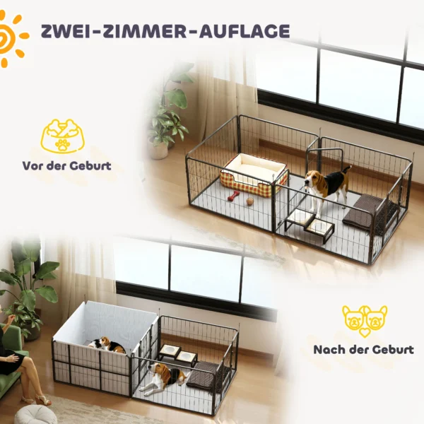 Werpkist Voor Puppy's, Werpdoos Puppyren Met 7 Panelen, 2 Zones, Wasbare Werpmat, 203x102x60cm Zwart
