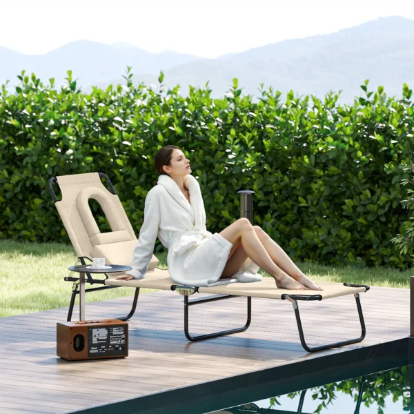 Zonneligstoel Met Gezichtsgat & Kussen, Opvouwbaar, Waterafstotende Hoes, Metalen Frame, Beige