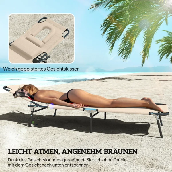 Zonneligstoel Met Gezichtsgat & Kussen, Opvouwbaar, Waterafstotende Hoes, Metalen Frame, Beige