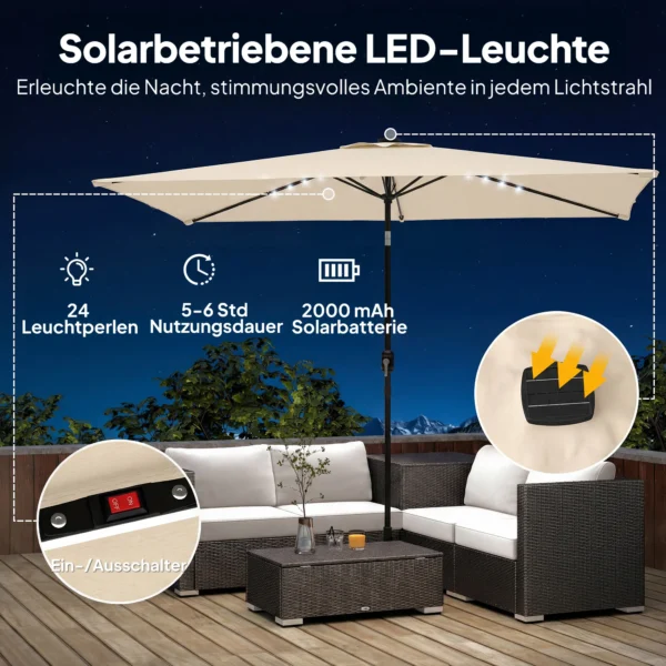 Zonnescherm LED Solar Ca. 300 X 200 Cm Kantelbaar Balkonscherm Met Zwengel Beschermhoes, UV Bescherming, Draaibaar Crèmewit