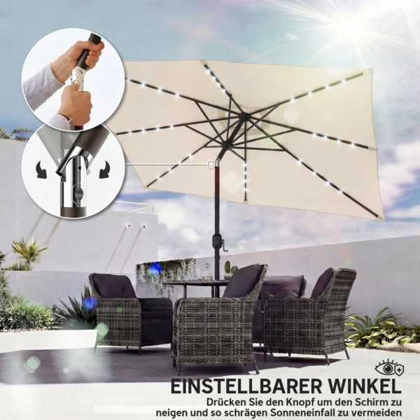 Zonnescherm LED Solar Ca. 300 X 200 Cm Kantelbaar Balkonscherm Met Zwengel Beschermhoes, UV Bescherming, Draaibaar Crèmewit