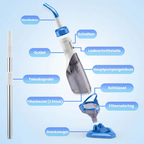 Zwembadreiniger, Draadloze Zwembadstofzuiger Met 63 150 Cm Verstelbare Steel En Borstel Voor Kleine Zwembaden, Jacuzzi's En Vijvers