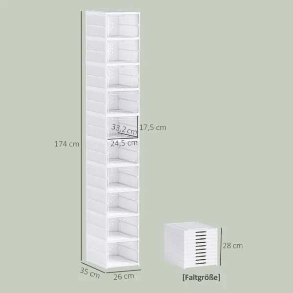 10 traps Schoenenrek, Schoenenkast, Opvouwbaar, Geventileerde Achterkant, Kunststof, Wit