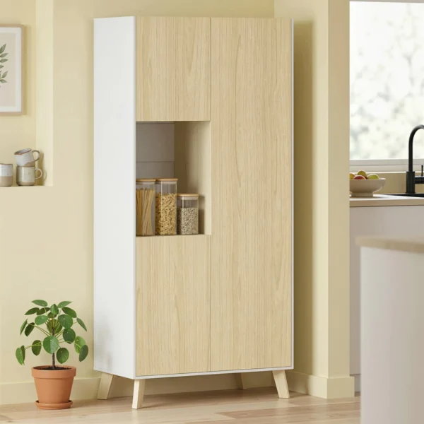 170 Cm Keukenkast, Moderne Kast Met Open Vak, Verstelbare Planken, Natuurhout look