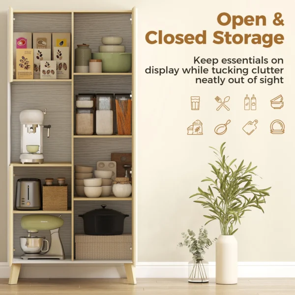 170 Cm Keukenkast, Moderne Kast Met Open Vak, Verstelbare Planken, Natuurhout look