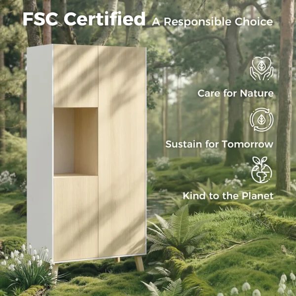 170 Cm Keukenkast, Moderne Kast Met Open Vak, Verstelbare Planken, Natuurhout look