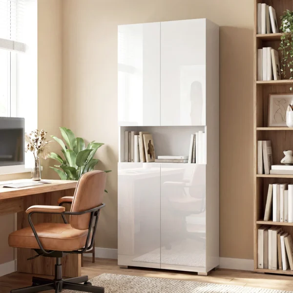 180 Cm Hoge Keukenkast, Voorraadkast Met Soft Close Deuren En Verstelbare Planken, Hoogglans Wit