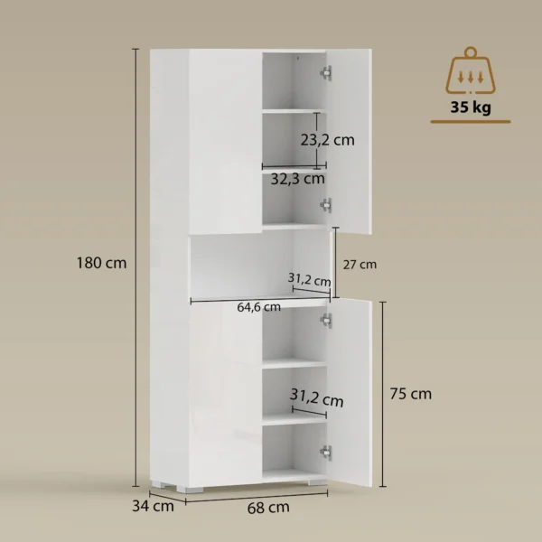 180 Cm Hoge Keukenkast, Voorraadkast Met Soft Close Deuren En Verstelbare Planken, Hoogglans Wit