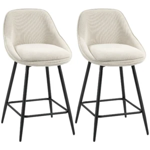 2 delige Set Barkrukken Met Corduroy Bekleding En Stalen Poten, Gestoffeerde Stoelen Voor Keukeneiland, Eetkamer, Crème