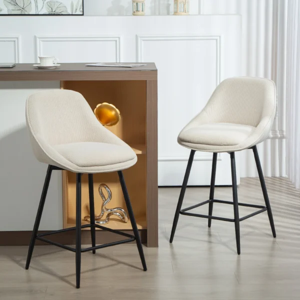 2 delige Set Barkrukken Met Corduroy Bekleding En Stalen Poten, Gestoffeerde Stoelen Voor Keukeneiland, Eetkamer, Crème