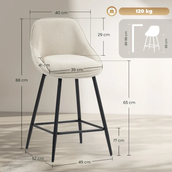 2 delige Set Barkrukken Met Corduroy Bekleding En Stalen Poten, Gestoffeerde Stoelen Voor Keukeneiland, Eetkamer, Crème