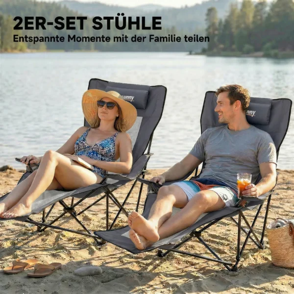 2 delige Set Opvouwbare Campingstoel, Visstoel Met Verstelbare Rugleuning, Voetensteun, Bekerhouder, Hoofdsteun, Donkergrijs