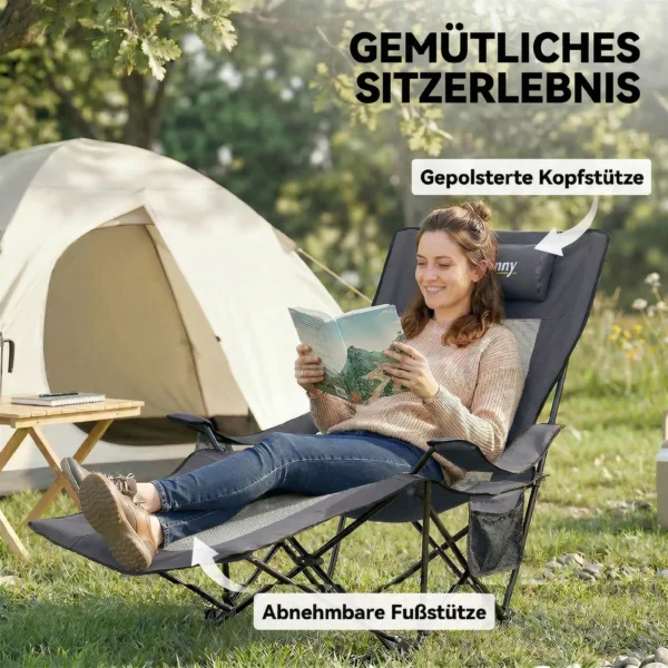 2 delige Set Opvouwbare Campingstoel, Visstoel Met Verstelbare Rugleuning, Voetensteun, Bekerhouder, Hoofdsteun, Donkergrijs