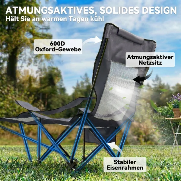 2 delige Set Opvouwbare Campingstoel, Visstoel Met Verstelbare Rugleuning, Voetensteun, Bekerhouder, Hoofdsteun, Donkergrijs