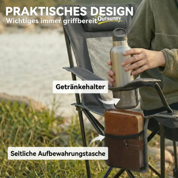 2 delige Set Opvouwbare Campingstoel, Visstoel Met Verstelbare Rugleuning, Voetensteun, Bekerhouder, Hoofdsteun, Donkergrijs